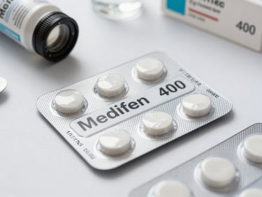 Flat-lay of a pharmaceutical blister pack labeled Medifen 400 on a clean white clinical surface, controlled studio lighting, sharp product detail, no hands