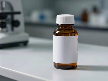 Side-angle shot of an amber pharmaceutical bottle with a white cap on a clean white laboratory bench, high-contrast studio lighting, label facing camera