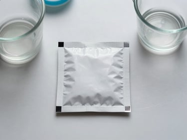 Flat lay of a sealed pharmaceutical sachet next to a measuring cup on a clinical white surface, overhead controlled lighting, product detail sharp and centered