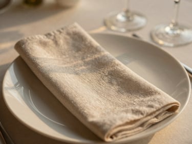 Close-up of an elegant, minimalist table setting, delicate champagne linen napkin, textured ceramic plate, soft golden hour light, shallow depth of field, 35mm photography