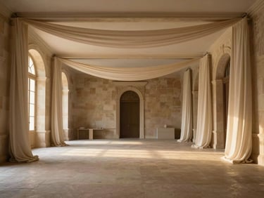 Wide-angle shot of a grand historic French chateau hall transformed with minimalist modern lighting and elegant fabric drapes, warm soft lighting