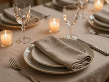 Bespoke table setting, textured ceramic plates, crystal glassware, linen napkin, lit by low candlelight, warm editorial style