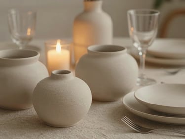 Close-up of a highly sophisticated tabletop styling with textured neutral ceramics, heavy linen, delicate glassware, and soft golden-hour candlelight, warm editorial photography style, 35mm