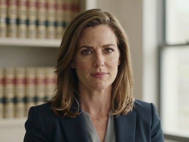 Medium close-up portrait of Eleanor Vance, a female attorney with warm, direct gaze, in a naturally lit modern office, soft focus background of legal books, muted navy and cream tones.
