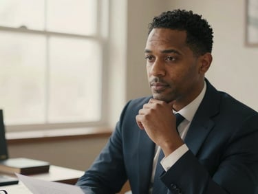 Medium close-up portrait of Marcus Sterling, a male attorney with a thoughtful, composed expression, in a naturally lit office, soft focus background of a signed document on a desk, muted navy and cream tones.