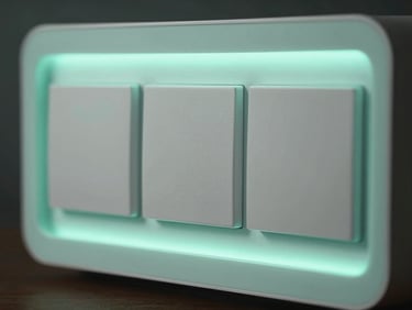 Macro lens view of a smart home dashboard, soft mint rim lights illuminating physical-looking switches, low-key lighting