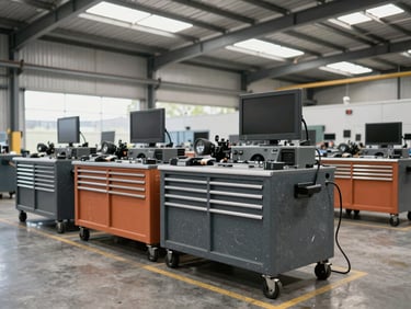 Medium wide environmental shot of a clean Australian manufacturing facility with structured tool storage, natural warehouse daylight, sharp focus, 35mm lens