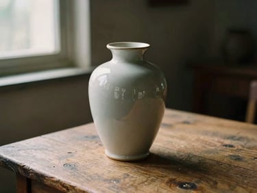 A single ceramic vase on a rustic wooden table, illuminated by soft directional window light with deep shadows, warm editorial film photography, medium format 120mm.