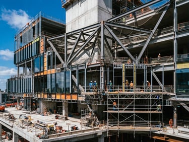 Crisp architectural photo of a modern commercial build mid-construction, high-contrast daylight, deep physical shadows, sharp focus, 35mm.