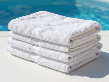 Tight, satisfying detail shot of perfectly folded white towels stacked on a pristine bed, clean vivid blue and neutral tones, bright natural daylight, sharp focus, 35mm