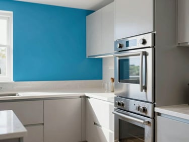 Bright modern kitchen with stainless steel appliances gleaming in natural light, immaculate clean surfaces, sharp focus, 35mm architectural photography