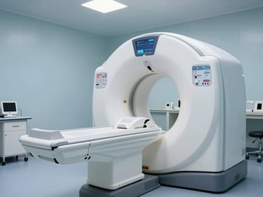 Bright clinical room with a modern CT scanner, clean blue and white tones, soft daylight, professional sterile environment.