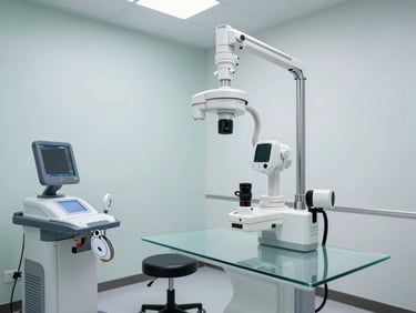 A modern, brightly lit consultation room with state-of-the-art diagnostic equipment, clean glass surfaces, cool high-CRI lighting.