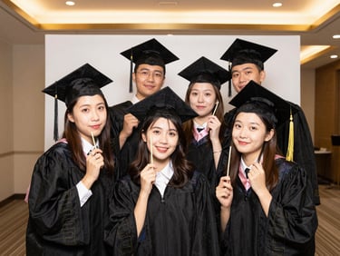 Group of happy graduating students in caps and gowns holding funny props, posing in front of a modern photobooth, bright flattering flash, joyful energy