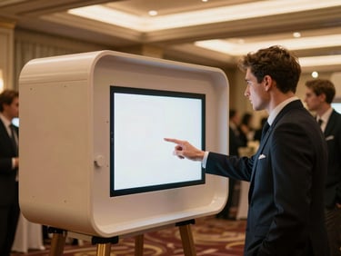 Sleek modern photobooth at a corporate gala in Geneva, professional guests interacting with the screen, warm corporate event lighting, sophisticated atmosphere