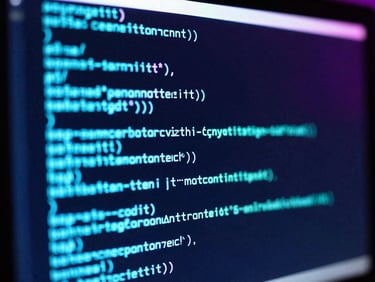 Karanlık bir ortamda neon cyan ışıkla aydınlatılmış, bir monitörde gösterilen matris çarpımı kod bloğu, temiz kod.