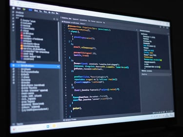 Low-key dramatic studio shot of a high-resolution screen displaying complex codebases, cool blue and neutral white accents, sharp macro focus, 35mm