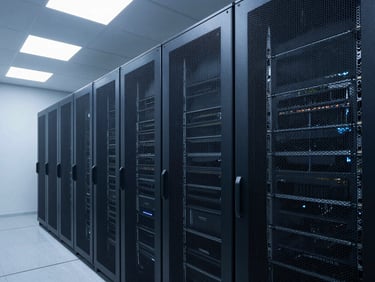 Wide-angle architectural view of a modern server room, cool blue and neutral white lighting, deep slate tones, structured geometric lines