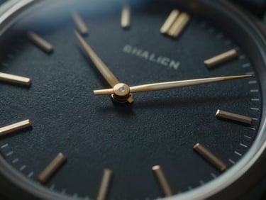 Close-up of a luxury vintage watch dial, gold hands reflecting sharp directional light, dark slate background, cinematic 35mm