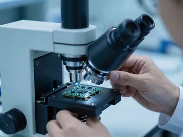 Close-up of a quality control engineer inspecting electronic components under a microscope in a clean laboratory environment, cool blue lighting