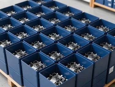 Organized boxes of electronic components stacked in a modern, clean Hong Kong logistics warehouse, bright daylight
