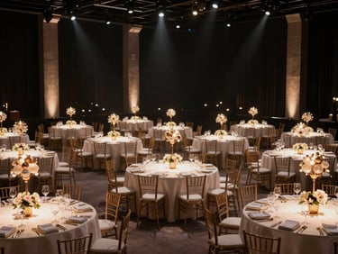 Bespoke spatial design of a luxury gala, elegant tables illuminated by a warm ambient evening glow, crisp spotlights, 35mm cinematic.
