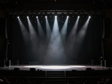 Dramatic high-contrast event lighting over an arena-level concert stage, crisp spotlights, deep rich shadows, 35mm
