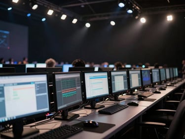 Close-up of a technical production desk in action, glowing monitors, and crisp architectural spotlights in a dark venue, shallow depth of field.