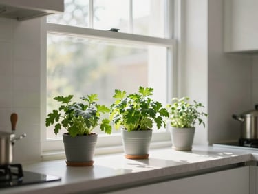 A bright, clean modern kitchen with fresh herbs in pots on the windowsill, soft morning daylight, shallow depth of field