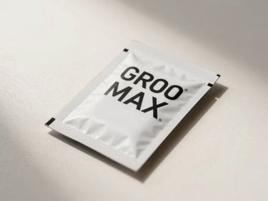 Studio flat of GROO MAX nicotine pouch pack on a clean off-white surface, soft directional key light from the upper left, clean product label in focus, subtle shadow to the right, minimal warm-white background