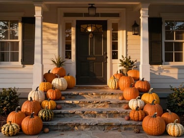 Wide editorial shot of a finished front porch entry at golden hour, curated pumpkin installation spanning stone steps, warm amber light raking across textured gourds and architectural facade, no people, full entry in frame