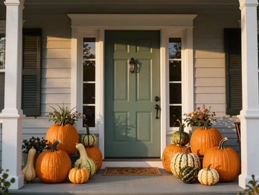 Editorial photograph of a full front porch installation at golden hour, layered heirloom pumpkins and gourds in deep gold and sage green framing a painted front door, architectural entry fully in frame, warm raking light