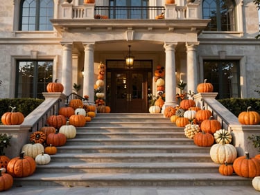 Wide environmental shot of a grand residential entry at golden hour, elaborate tiered pumpkin installation spanning a broad stone staircase and flanking columns, deep terracotta and ivory gourds, full architectural facade visible, no people