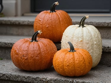 Close-up detail of a compact porch pumpkin grouping on stone steps, soft diffused daylight, two heirloom varieties in terracotta and cream, deliberate proportion, no people