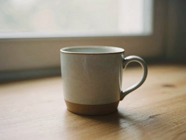 A close-up of a ceramic mug on a wooden table with soft morning light filtering through a window, warm earthy tones, shallow depth of field.