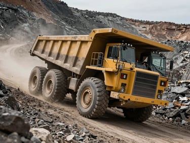 Articulated dump truck navigating a steep dirt haul road in an open-pit mine, dramatic low-angle framing showing chassis flex.