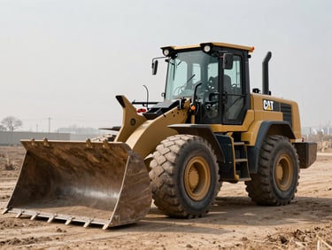 Front-three-quarter view of a CAT 980 wheel loader, heavy duty bucket resting on dry ground, dramatic lighting on tread