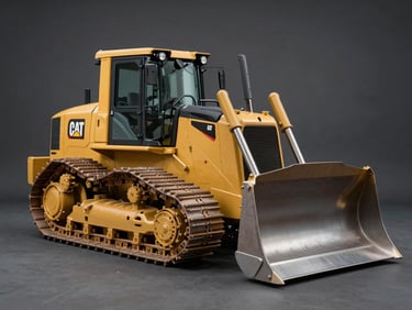 Clean profile shot of a CAT D8T bulldozer against a neutral dark gray background, dramatic lighting highlighting track shoes and single-shank ripper.