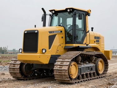 Front-quarter view of a Komatsu D155AX crawler tractor parked on dry gravel, sharp focus on the heavy-duty undercarriage and track tension.