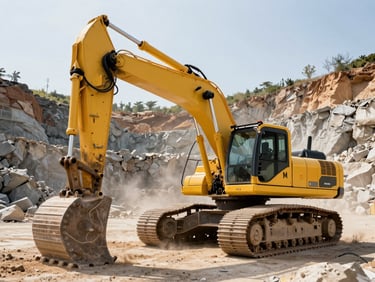 Wide low-angle shot of a massive yellow crawler excavator operating in a deep stone quarry under high-contrast midday sun, hydraulic steel gleaming, dust particles suspended in light.