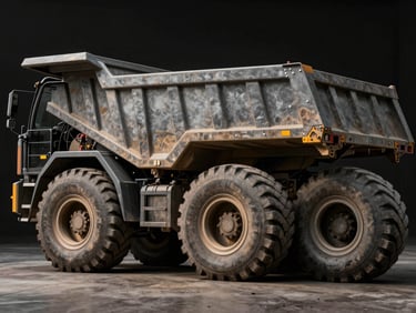 Side view of a rigid frame haul truck, massive rear tires, heavy-duty dump bed raised slightly, high-contrast industrial lighting.