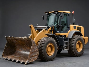 Profile shot of a heavy wheel loader with a large front bucket, clean studio lighting against a dark neutral background.
