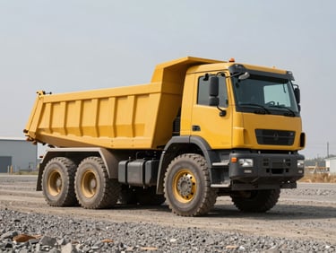 Three-quarter profile of a yellow articulated dump truck parked on clean gravel, deep tread tires, neutral industrial background.