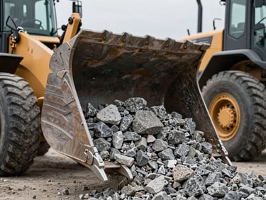 Close-up of a Volvo L250H wheel loader bucket loading crushed granite, sharp focus on bucket teeth and hydraulic cylinders