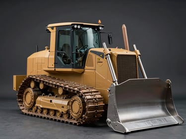 Profile shot of a heavy track-type tractor bulldozer, clean studio lighting against a dark neutral background.