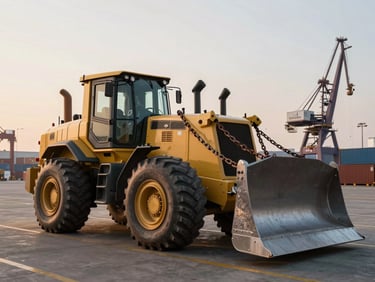 A 40-ton bulldozer secured with heavy chains on a multi-axle lowboy trailer, parked at a busy commercial port terminal at sunrise, industrial cranes in the background.
