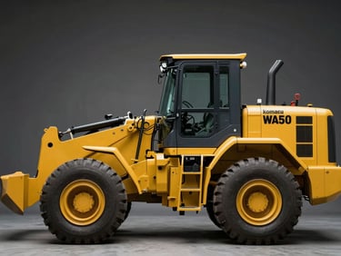 Side profile of a Komatsu WA500 wheel loader, clean yellow paint, hydraulic arms raised slightly, high-contrast lighting