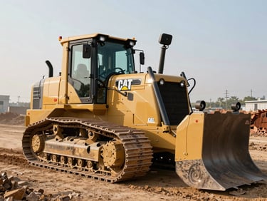 Side view of a CAT D6T LGP dozer operating in a civil infrastructure site, morning sun glinting off the GPS receiver masts mounted on the blade.