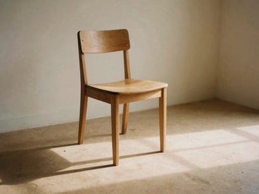 A minimalist sunlit room with a single wooden chair, gentle shadows stretching across a warm sand-colored floor.