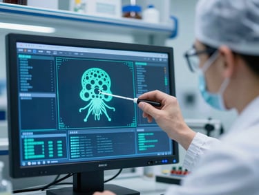 Close-up of a researcher in a sterile cleanroom environment analyzing neural interface data on a high-resolution monitor, cool crisp lighting